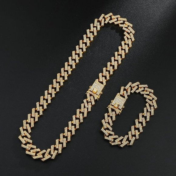 18K Gold Plated Iced Out CZ Crystal Cuban Link Chain with Bracelet SET - Picture 4 of 7